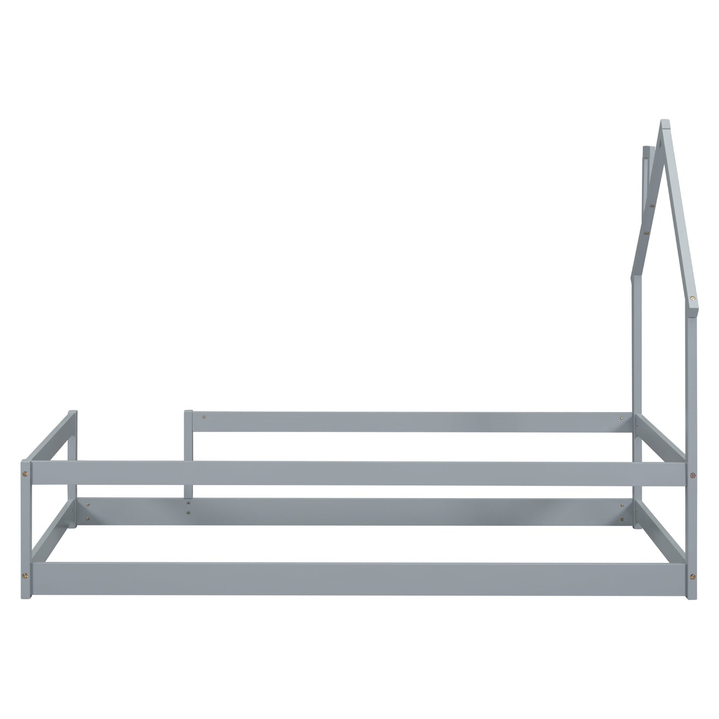 Lit simple taille jumeau en bois gris avec tête de lit en forme de maison