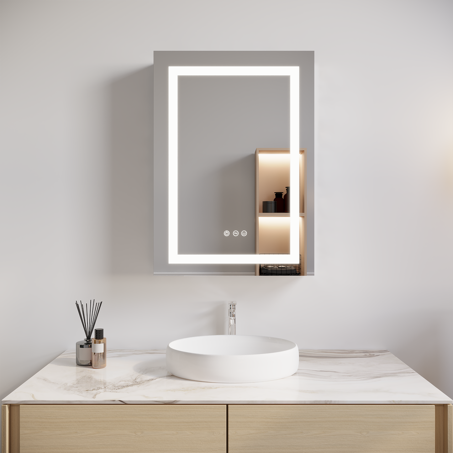 26x20 inch(Left Door) bathroom medicine cabinet with LED mirror 3000K~6000K single door lighting bathroom cabinet with touch switch adjusta - Korvel