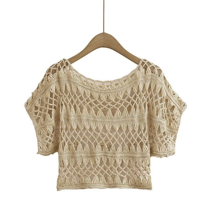 Fashionable and Sexy  Style Women's Round Neck Crochet Top with Loose Fit - Korvel