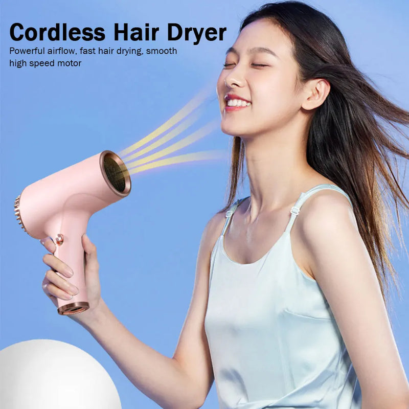 2600mAh Cordless Anion Blow Dryer Portable Hair Dryer 40/500W USB Rechargeable Powerful 2 Gears for Household Travel Salon - Korvel