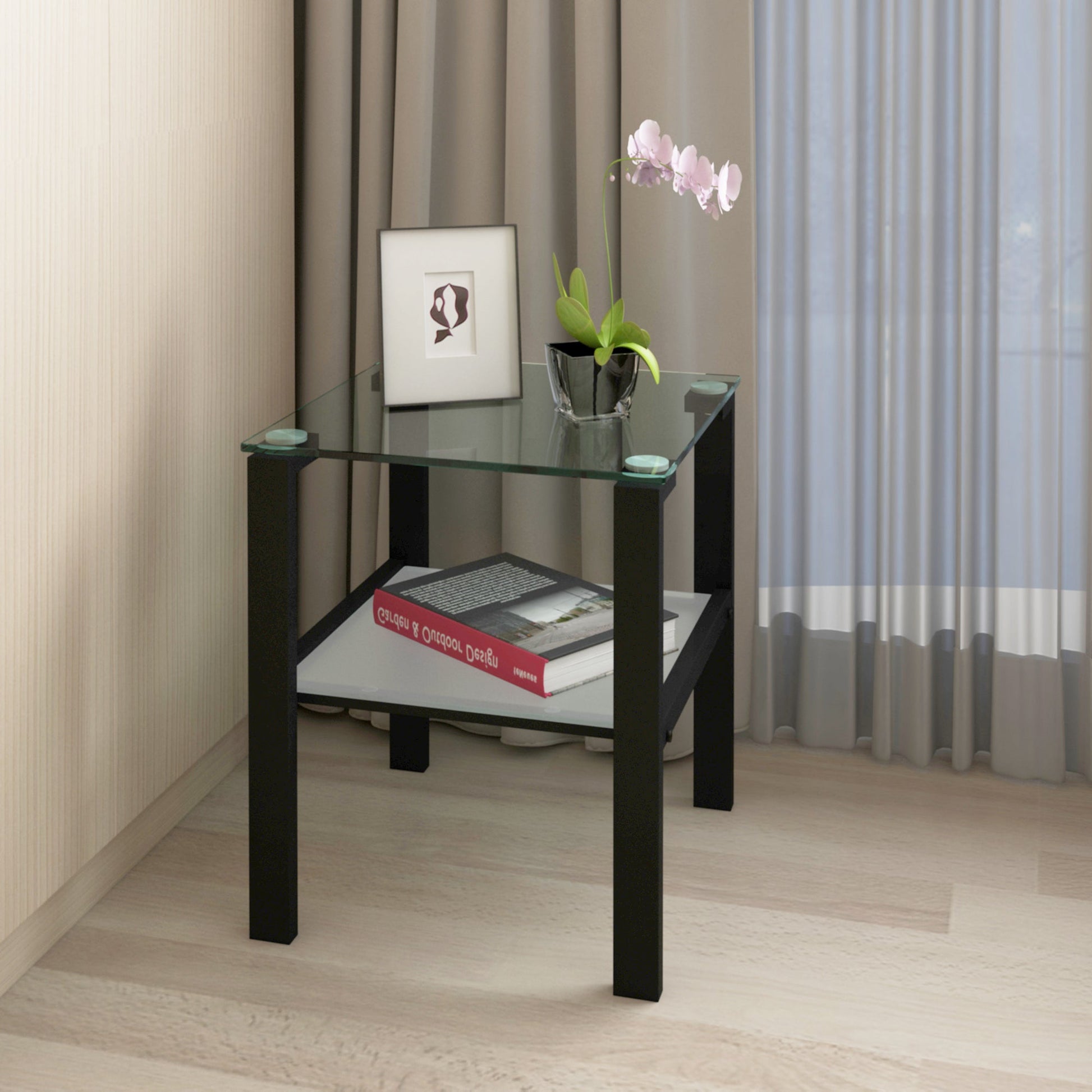 Glass two layer tea table, small round table, bedroom corner table, living room black side table - Korvel