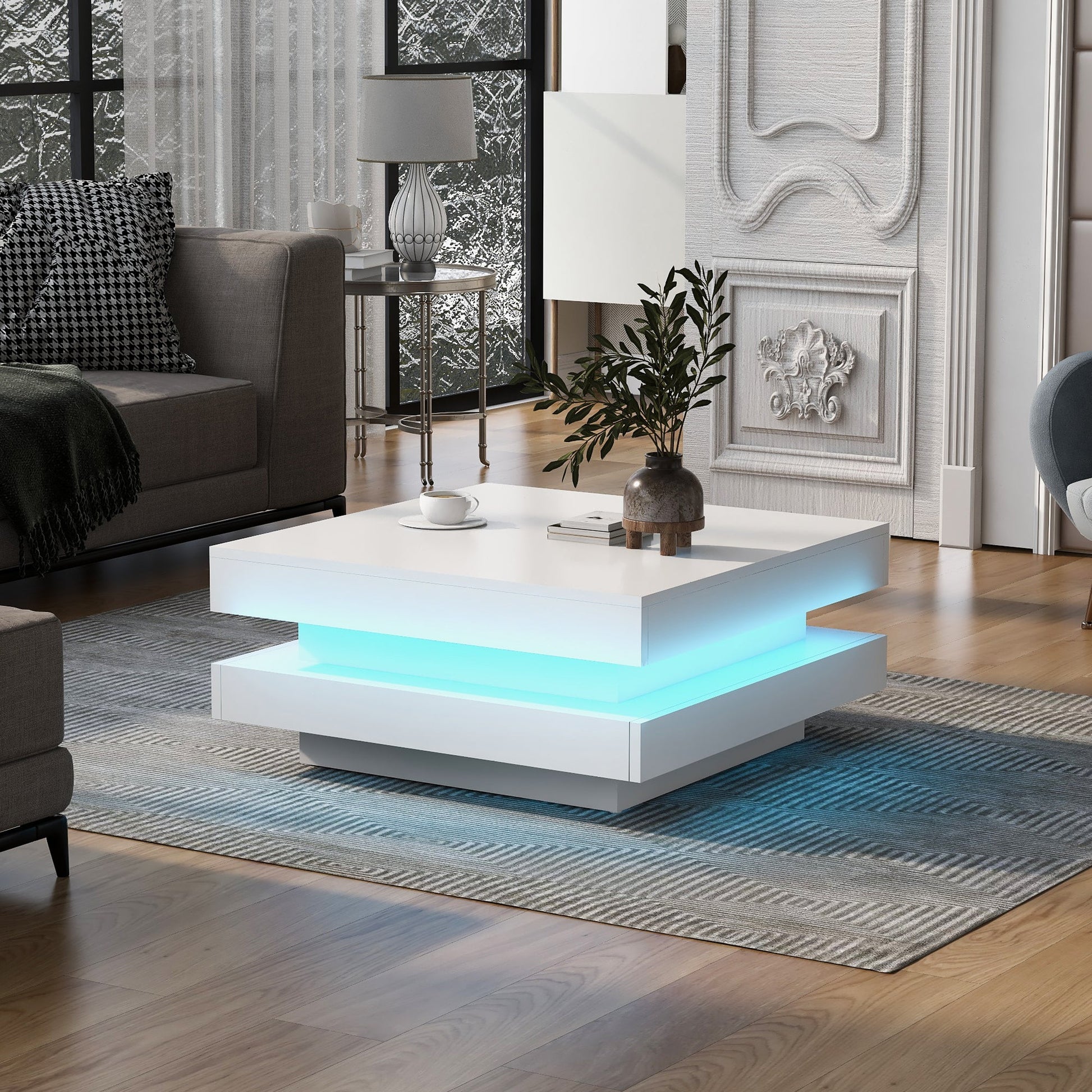 ON-TREND High Gloss Minimalist Design with LED Lights 2-Tier Square Coffee Table White - Korvel