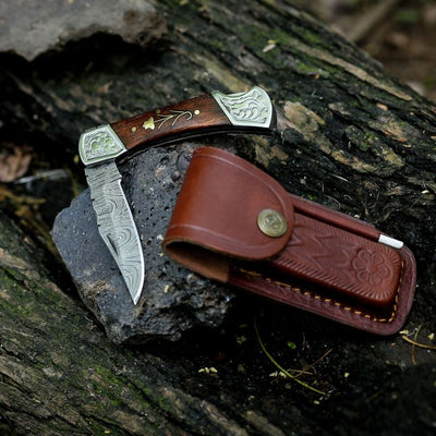 Exquisite Custom Damascus Folding Knife – 3" Blade with Elegant Leather Sheath - Korvel