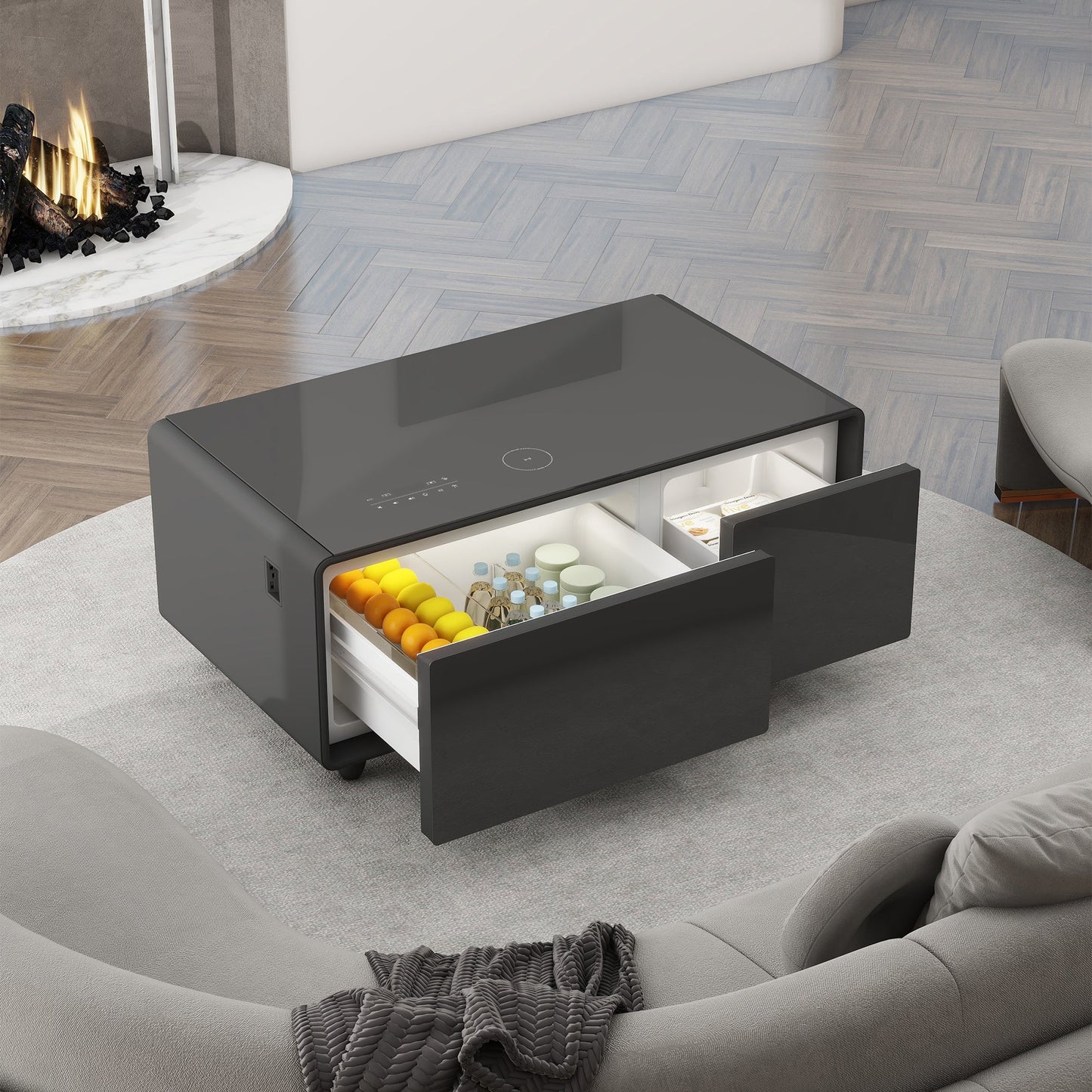 Modern Smart Coffee Table with Built-in Fridge, Bluetooth Speaker, Wireless Charging, Touch Control Panel, USB Interface Black - Korvel