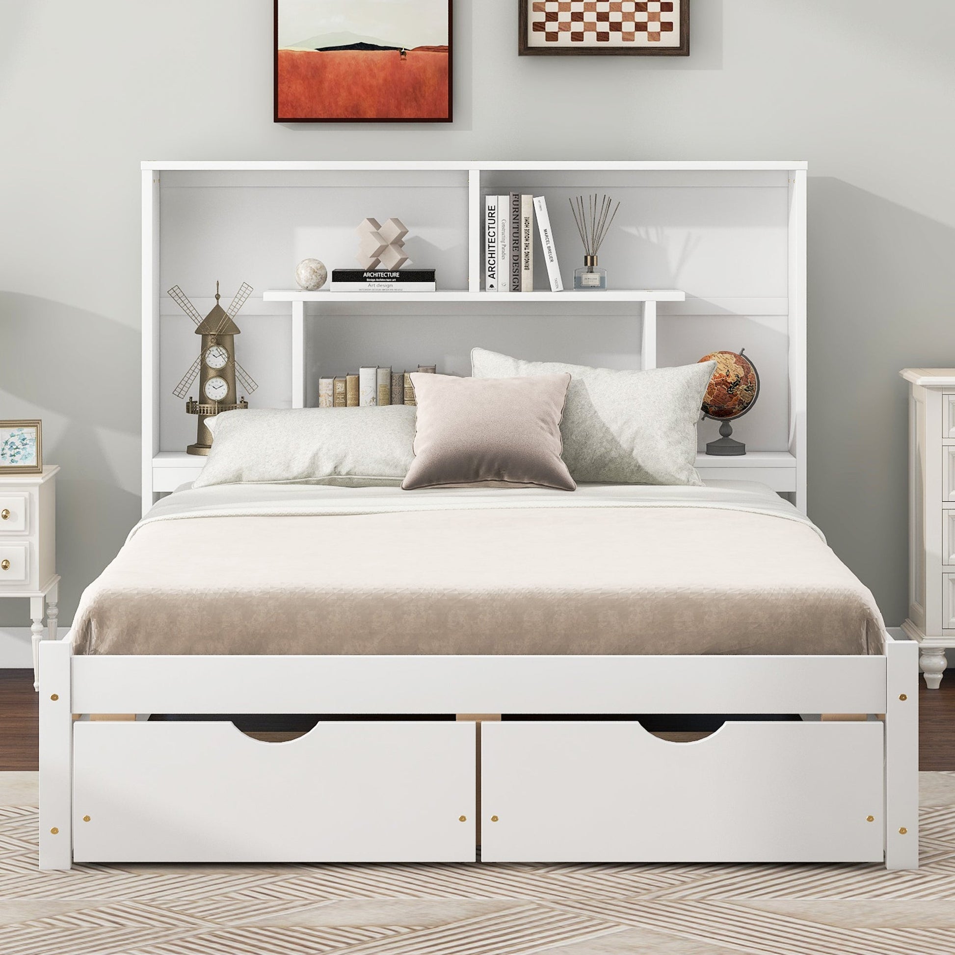 Full Size Platform Bed with Storage Headboard and 2 Drawers, White - Korvel