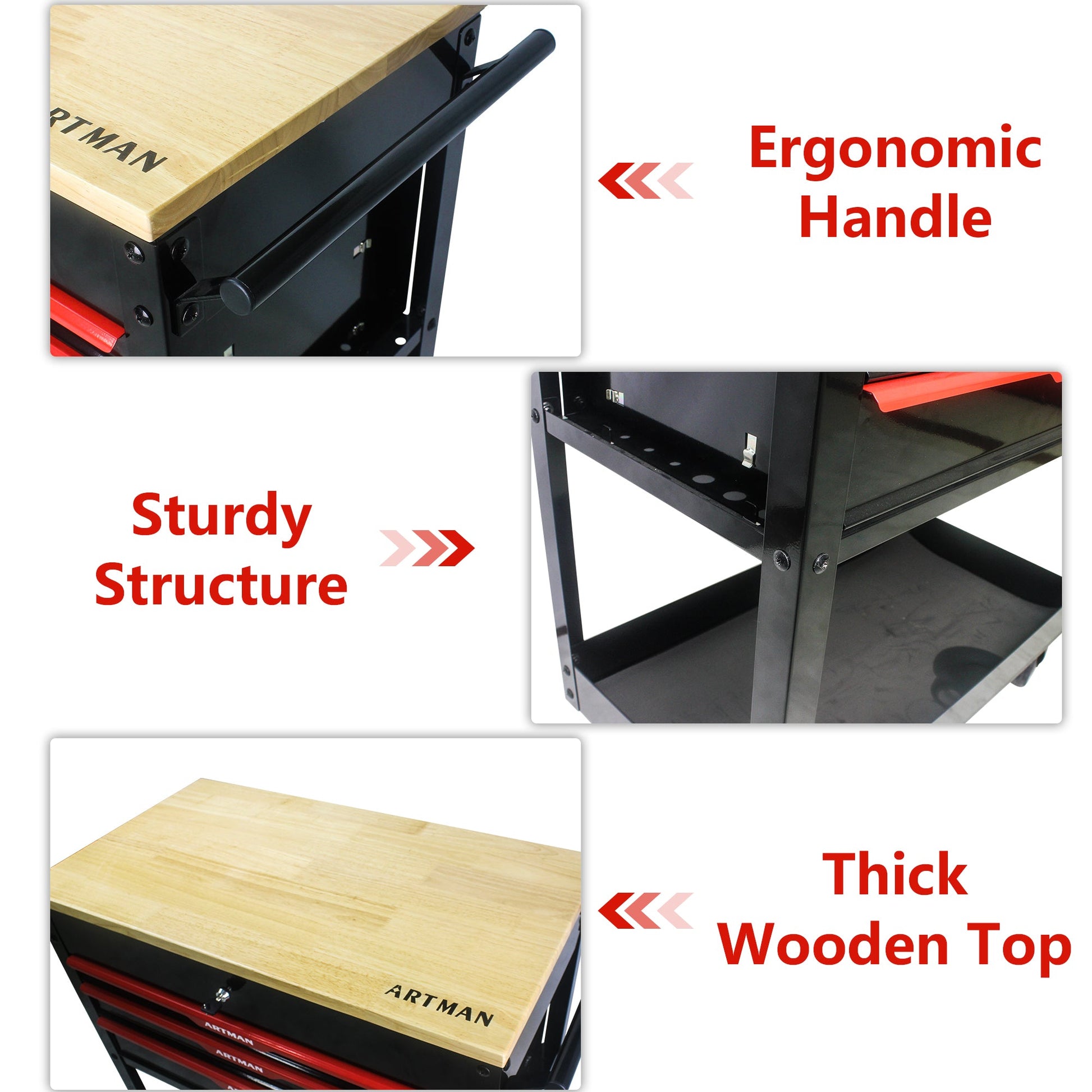 3 DRAWERS MULTIFUNCTIONAL TOOL CART WITH WHEELS AND WOODEN TOP - Korvel