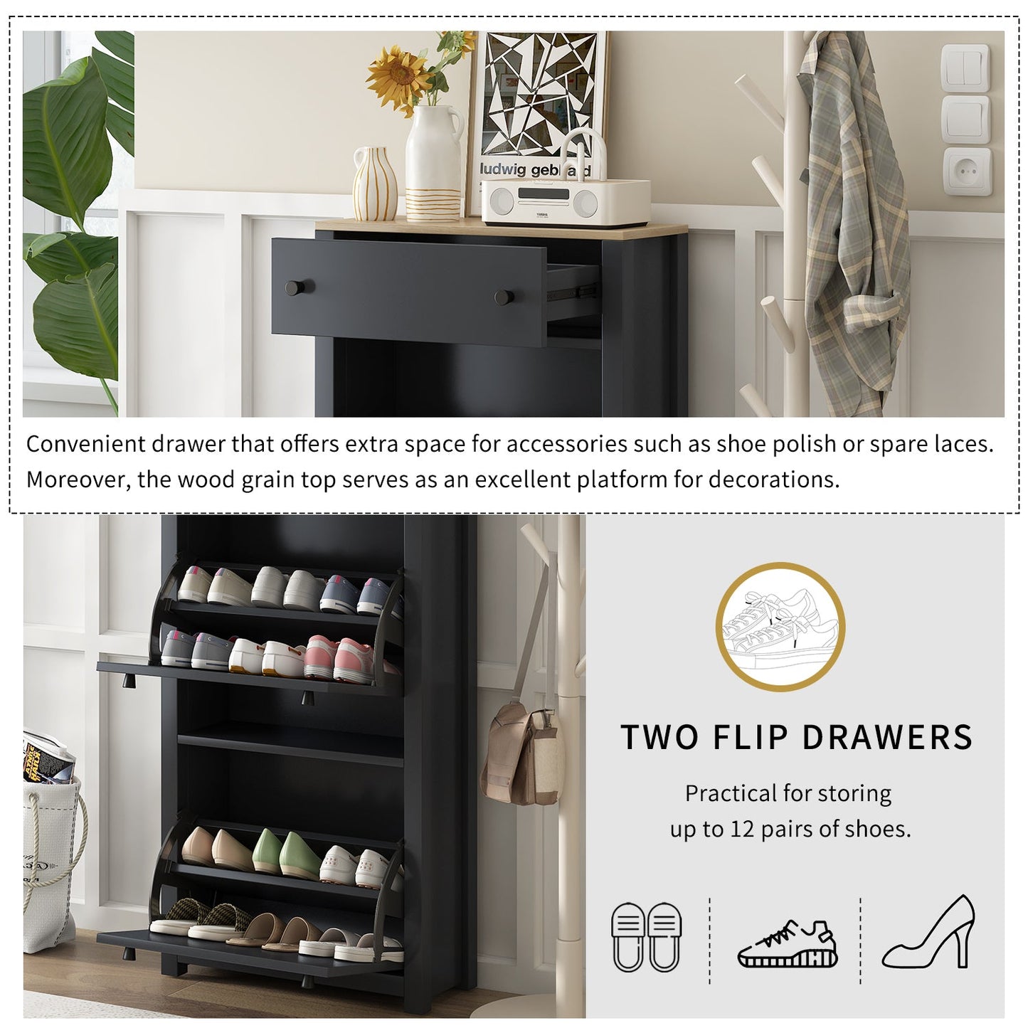 ONTREND Black Shoe Cabinet with 2 Flip Drawers