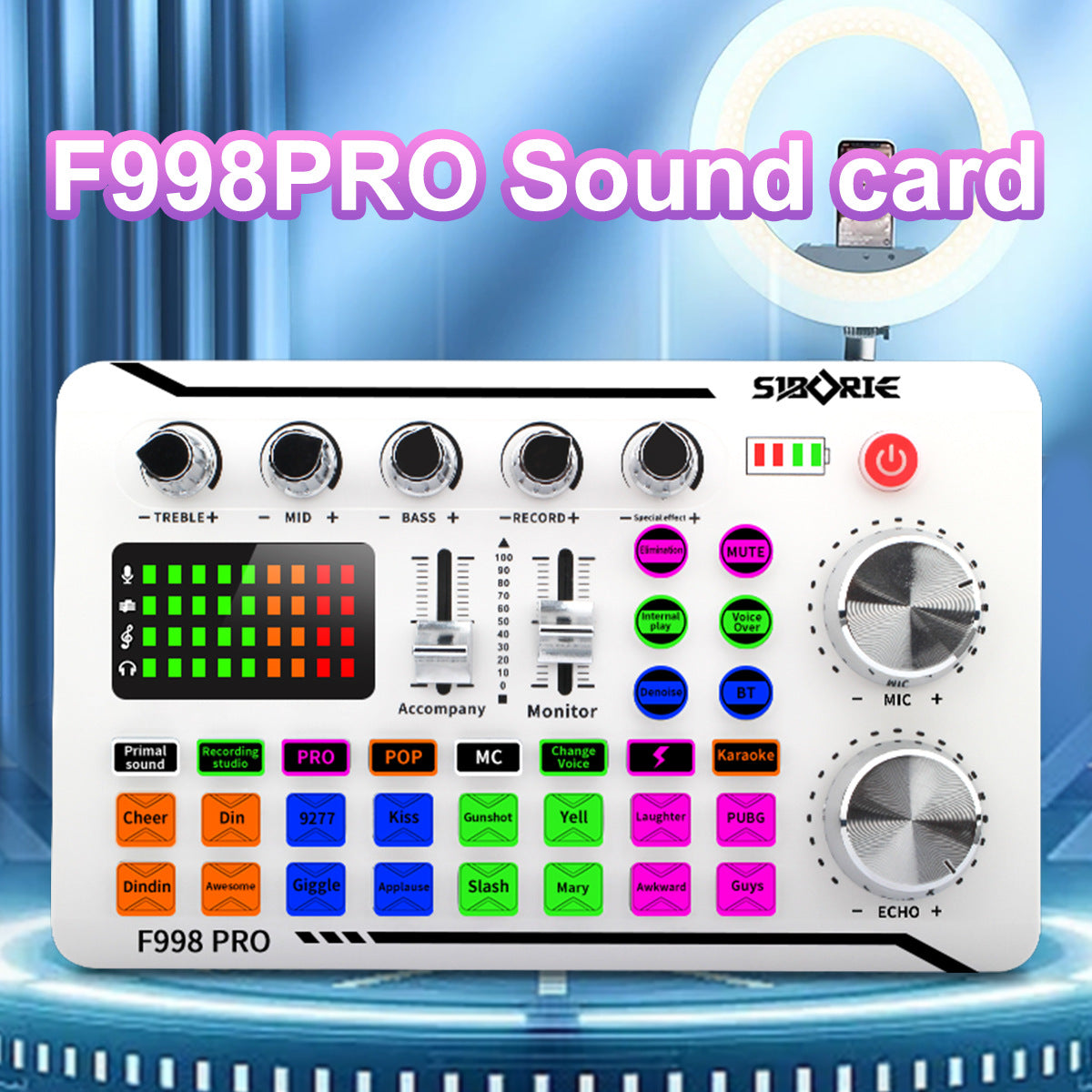 F998Pro live singing sound card white English version intelligent noise reduction integrated microphone - Korvel