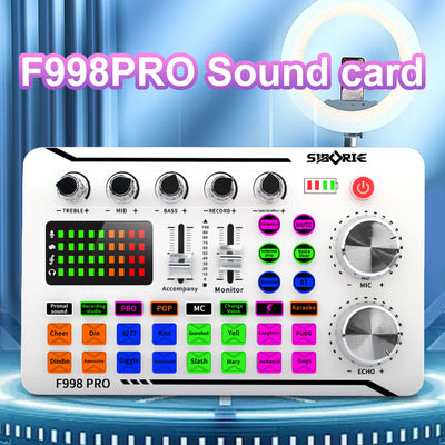 F998Pro live singing sound card white English version intelligent noise reduction integrated microphone - Korvel