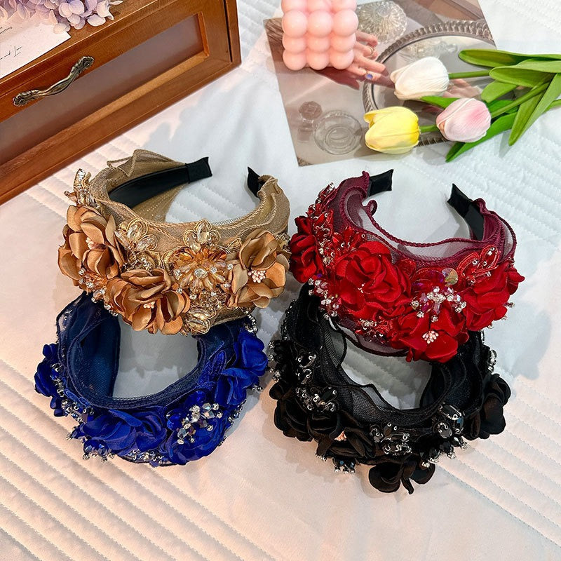 Fabric Flower Heavy Industry Wide Edge Crystal Super Immortal Women's Headband - Korvel