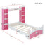 Lit jumeau en bois en forme de château avec étagère de rangement en rose et blanc