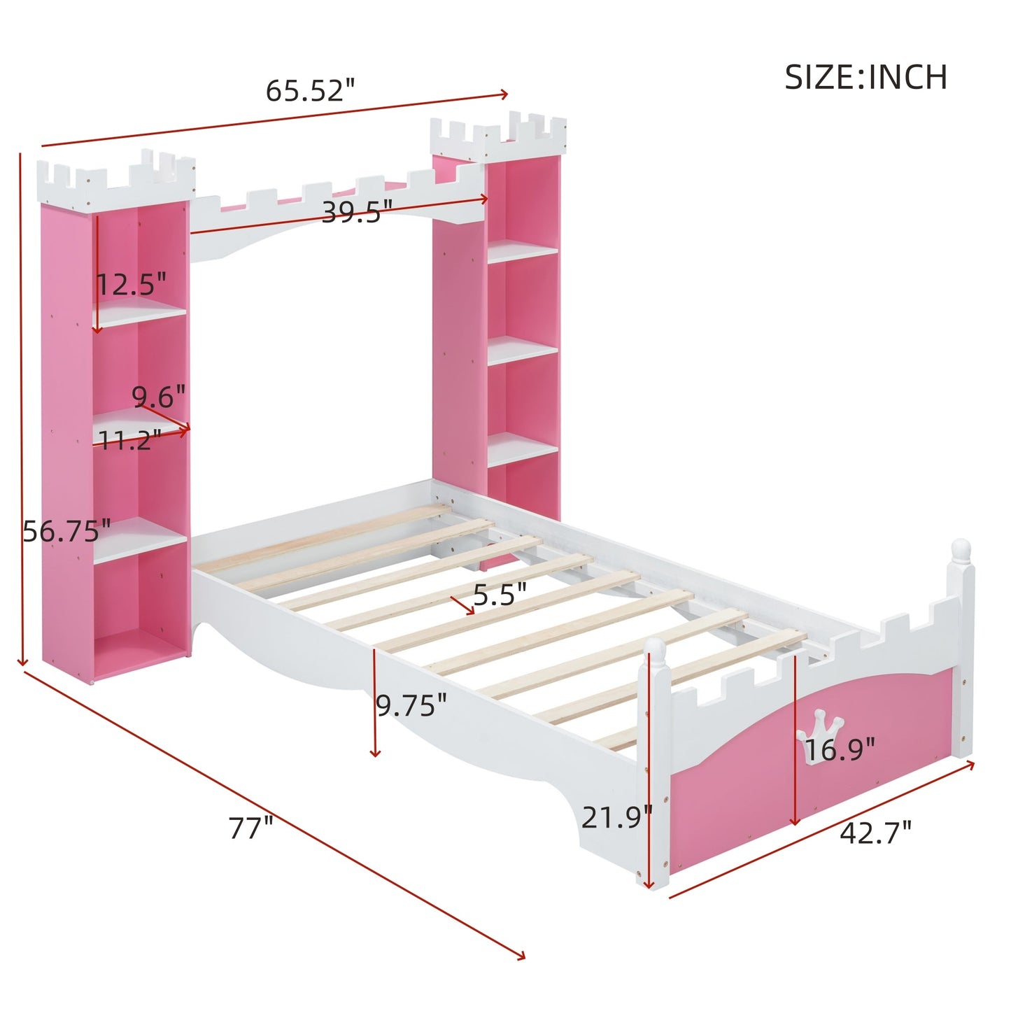 Lit jumeau en bois en forme de château avec étagère de rangement en rose et blanc