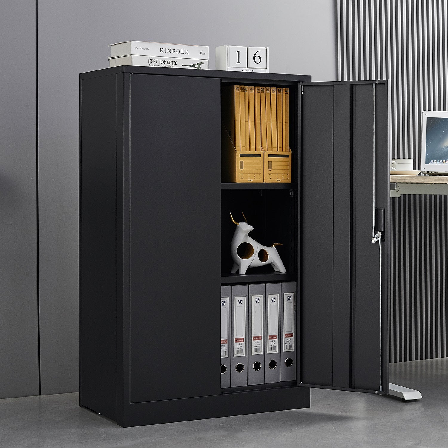Metal storage cabinet with locked door and adjustable shelf foldable storage cabinet black - Korvel