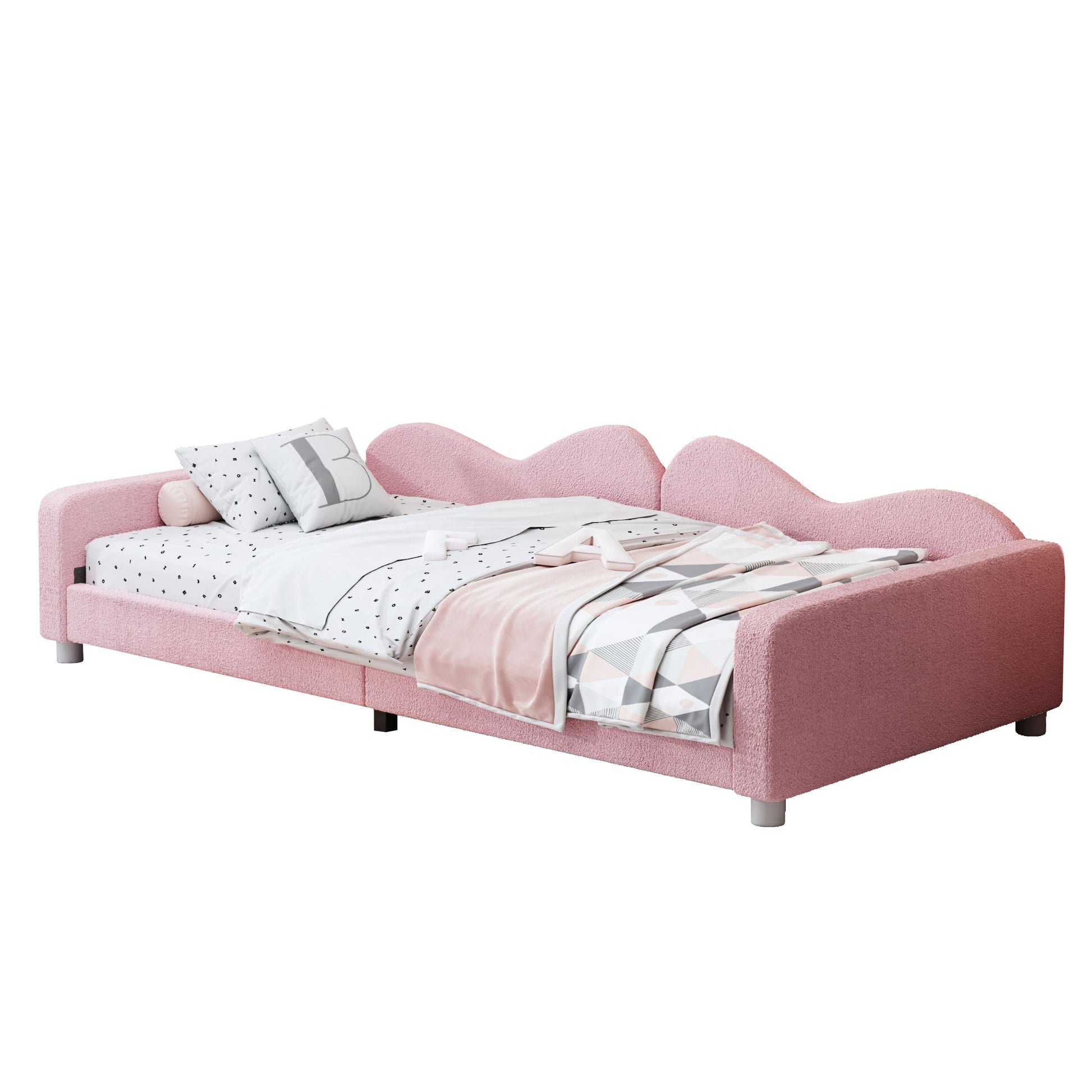 Twin size Upholstered Daybed, Sherpa Fabric Sofabed with Cloud-Shaped Backrest, No Box-spring Needed, Pink - Korvel