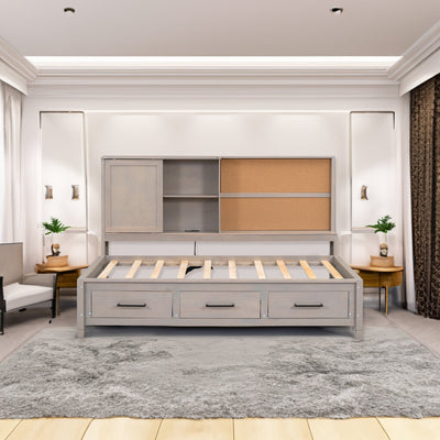 Twin Size Lounge Daybed with Storage Shelves, Cork Board, USB Ports and 3 Drawers, Antique Gray - Korvel