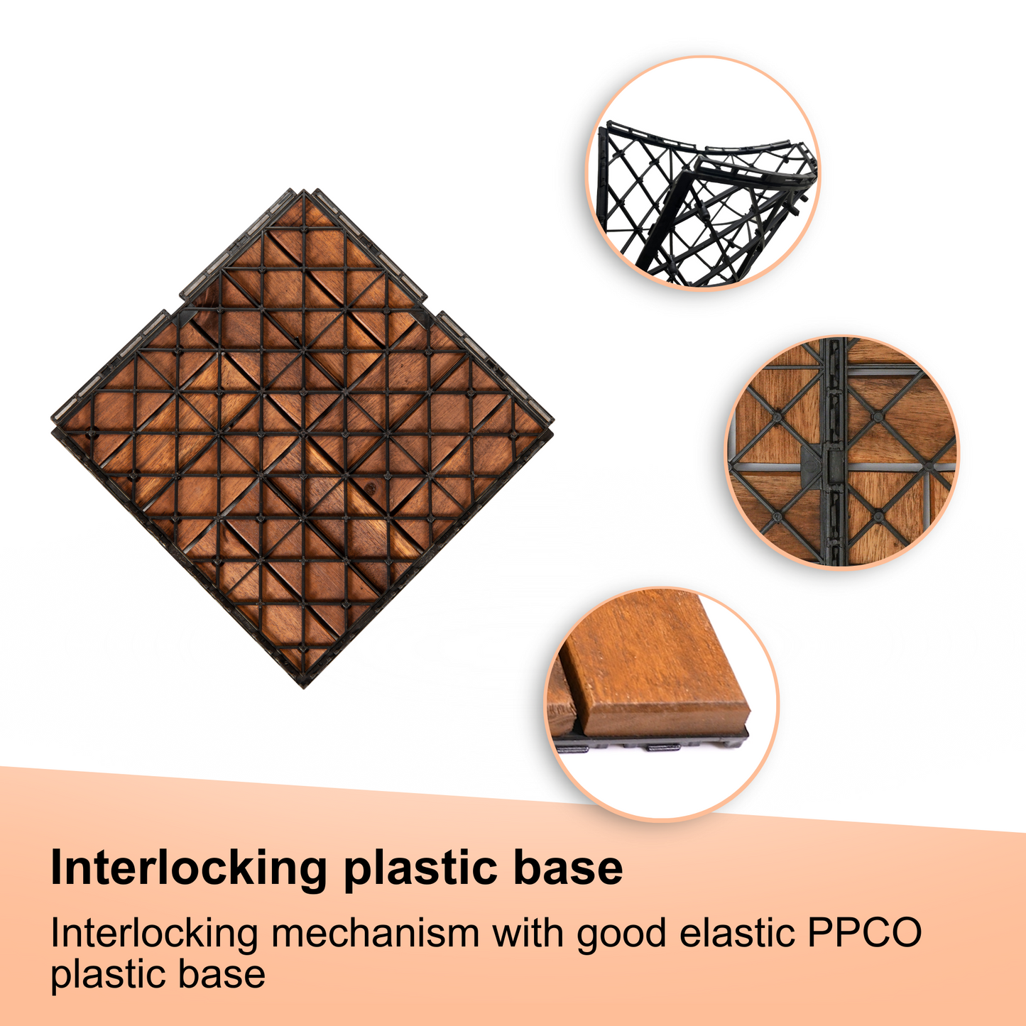 Acacia interlocking deck tile grid pattern, 10 pieces of 12 inch x 12 inch square brown Acacia hardwood outdoor flooring - Korvel
