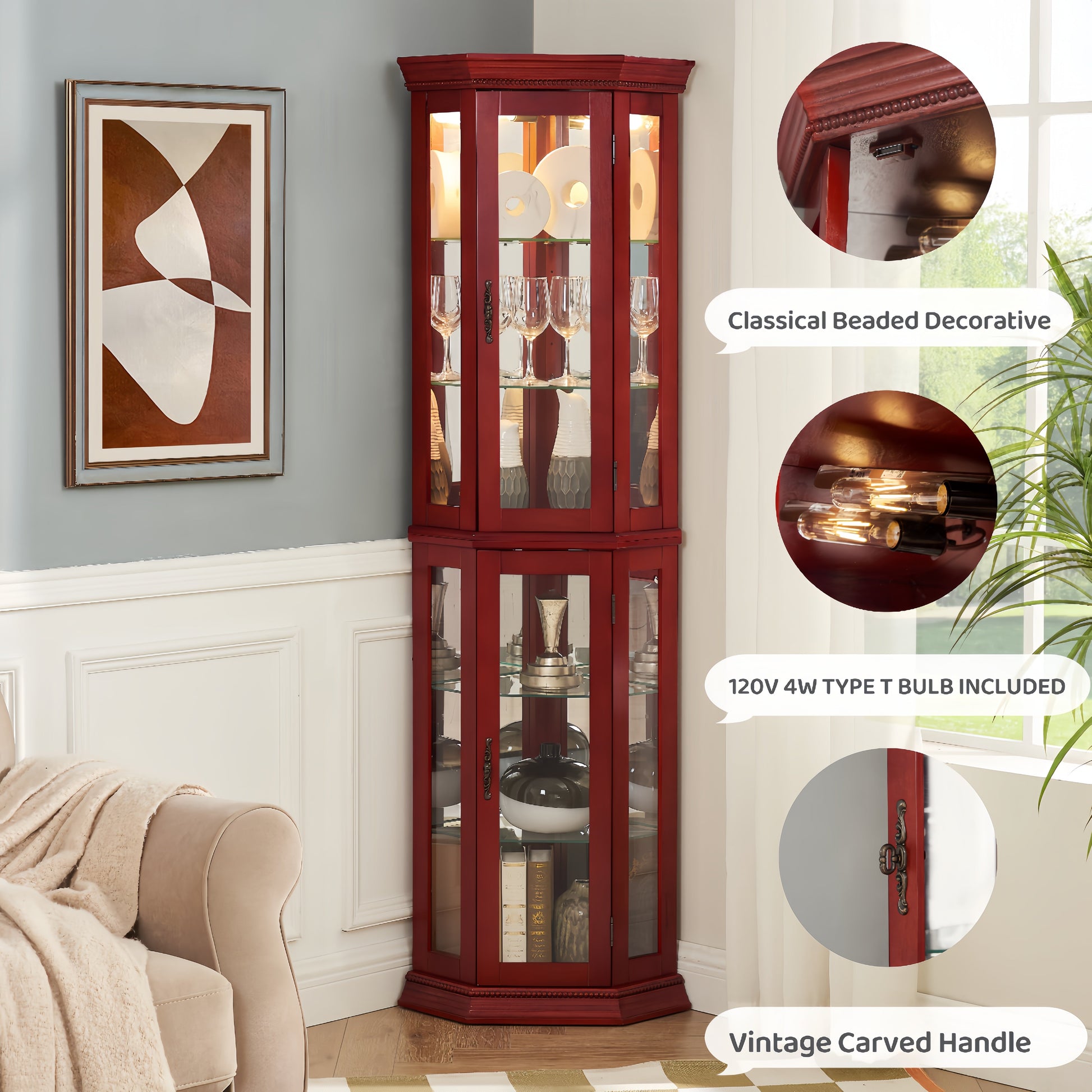 Corner Curio cabinet with illuminated glass display stand and tempered glass door, with adjustable bracket and light bulb - Korvel