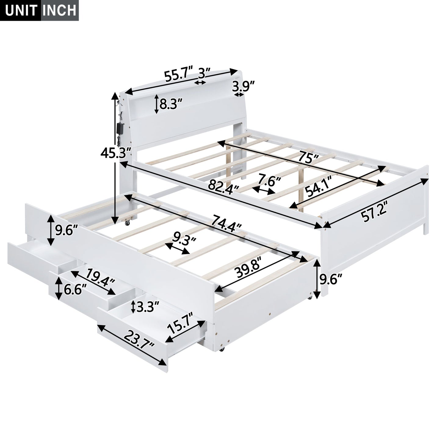 Full Size Platform Bed with Storage LED Headboard  Twin Size Trundle and 3 Drawers White - Korvel