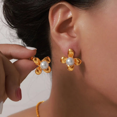 Synthetic Pearl Titanium Steel Flower Earrings - Korvel