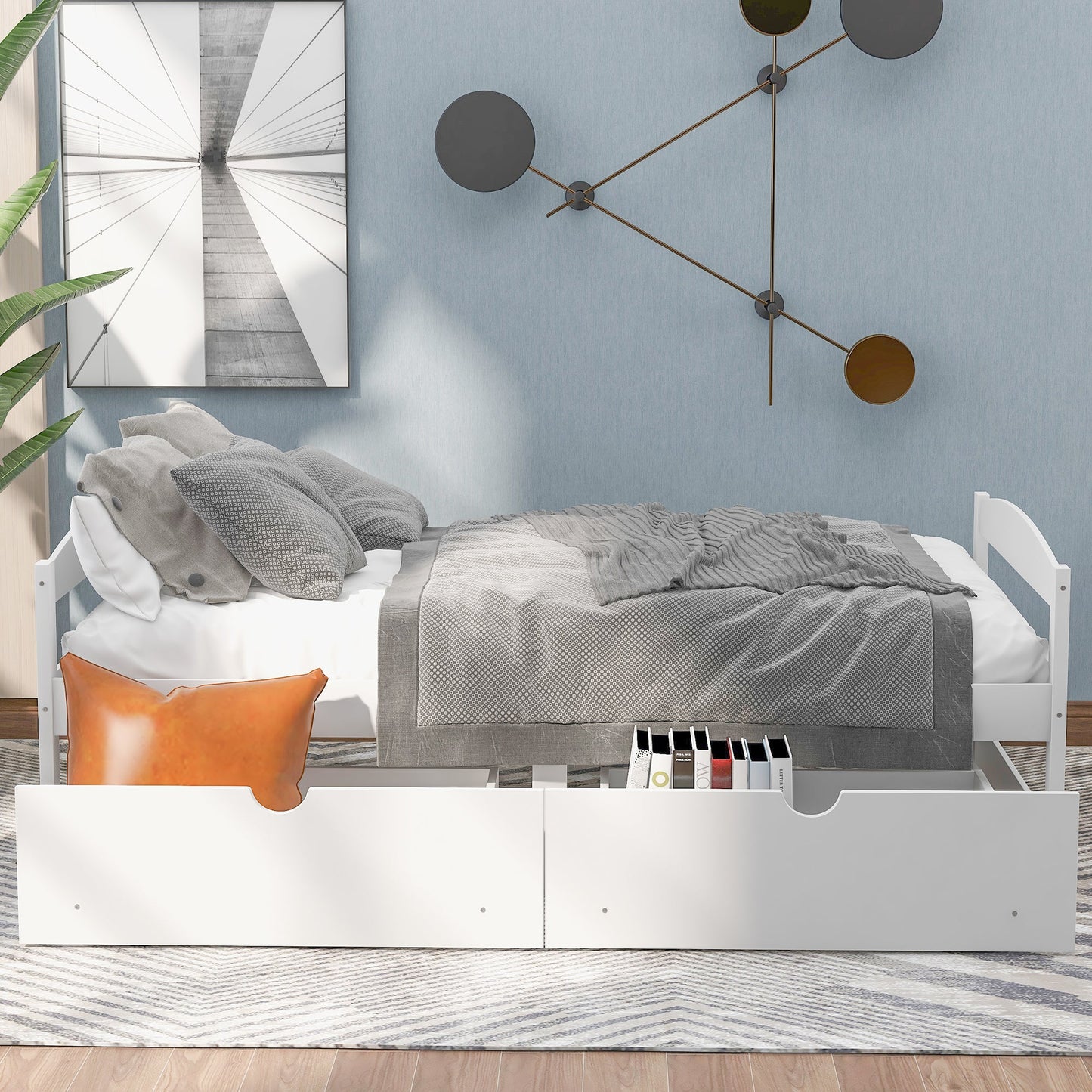 Elegant Twin Size Platform Bed with Two Drawers - White