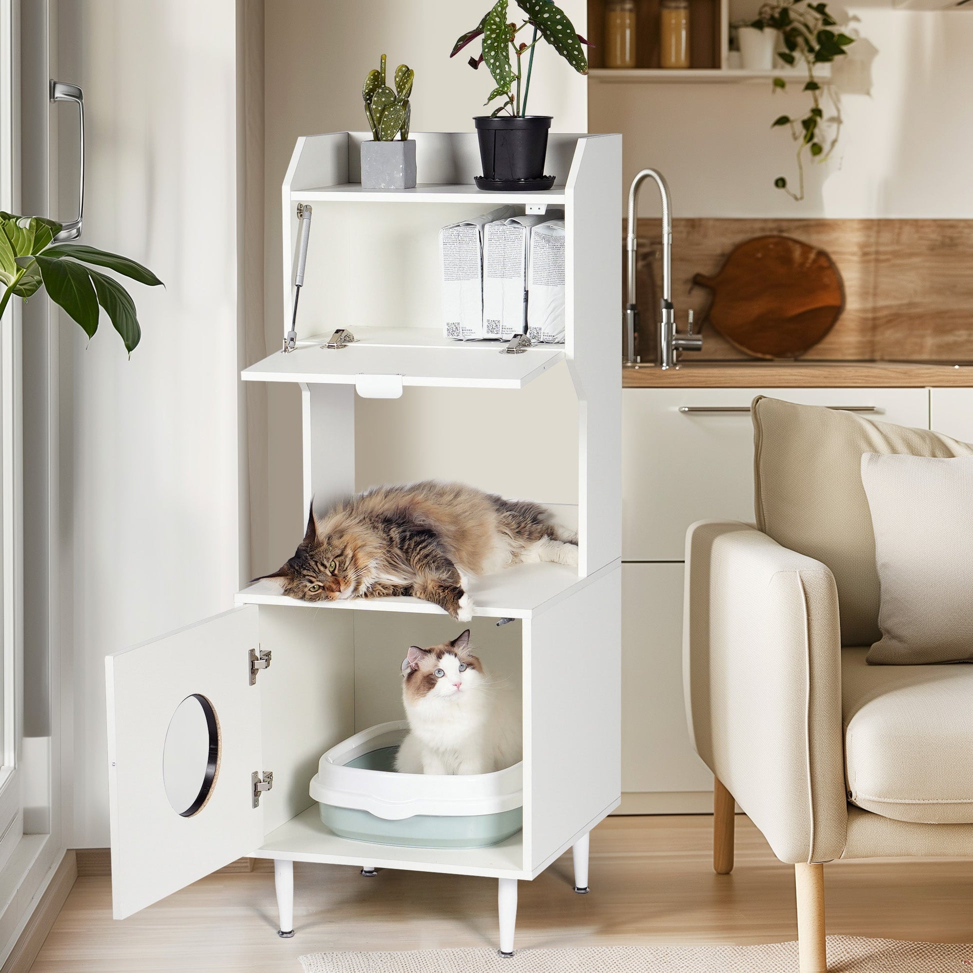 White wooden hidden cat trash can with rack and trash can shell, indoor cat house pet box, storage cabinet - Korvel