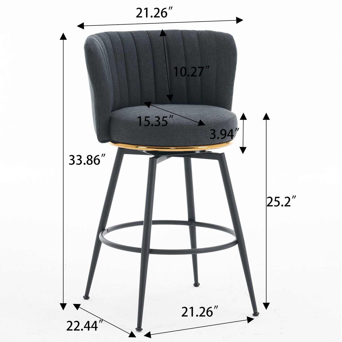 A set of 2 gray rotating bar stools - high backrest, adjustable, with elegant metal backrest decoration - Korvel