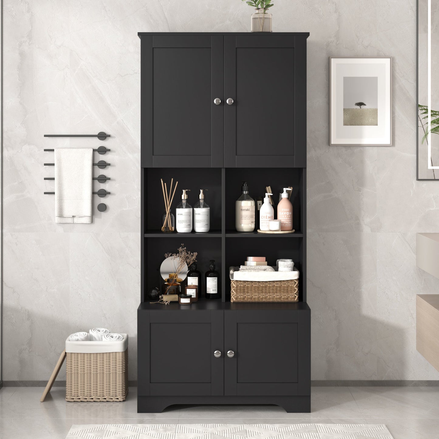Bathroom storage cabinet, 4-door independent cabinet, adjustable shelf, open multi-layer shelf, black - Korvel