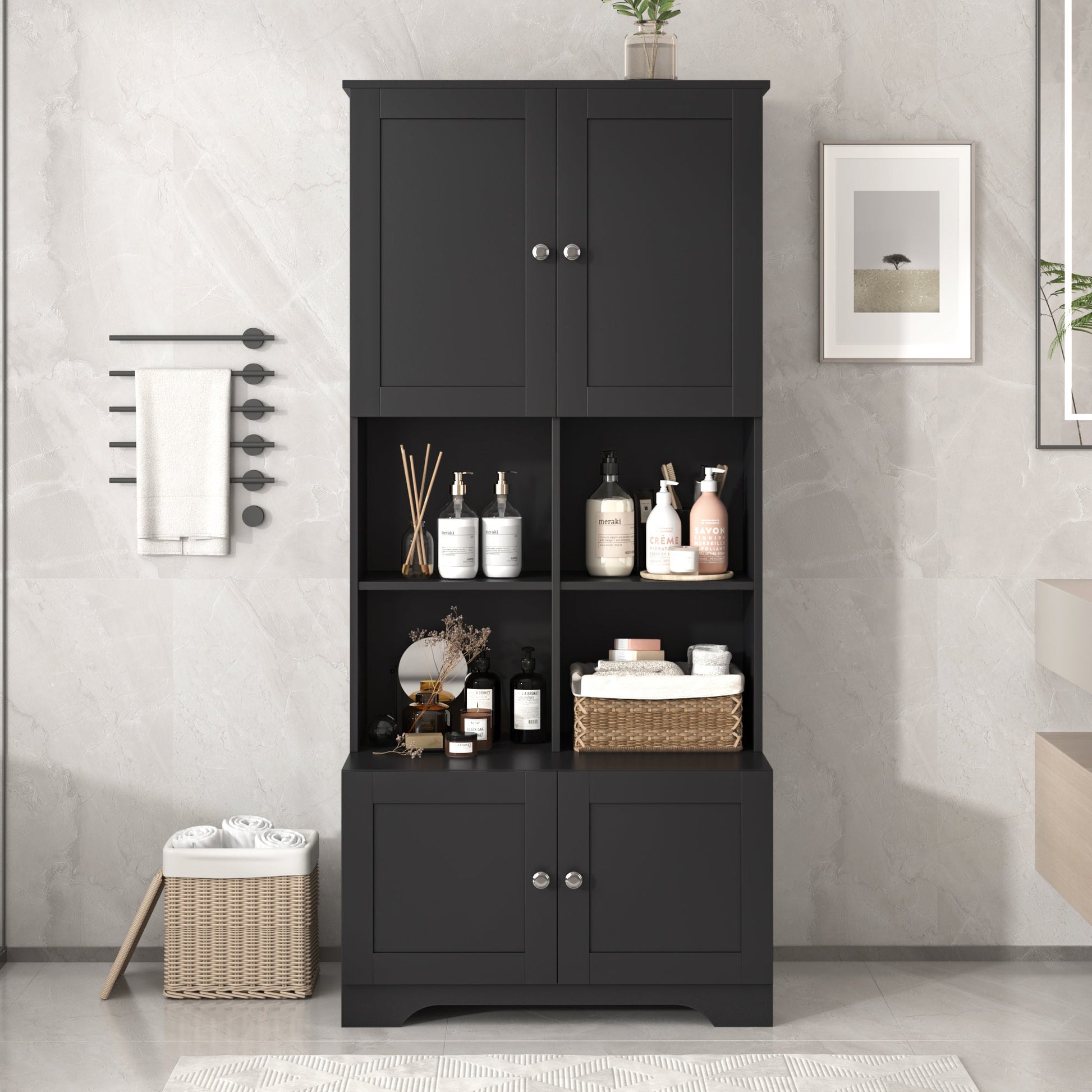 Bathroom storage cabinet, 4-door independent cabinet, adjustable shelf, open multi-layer shelf, black - Korvel