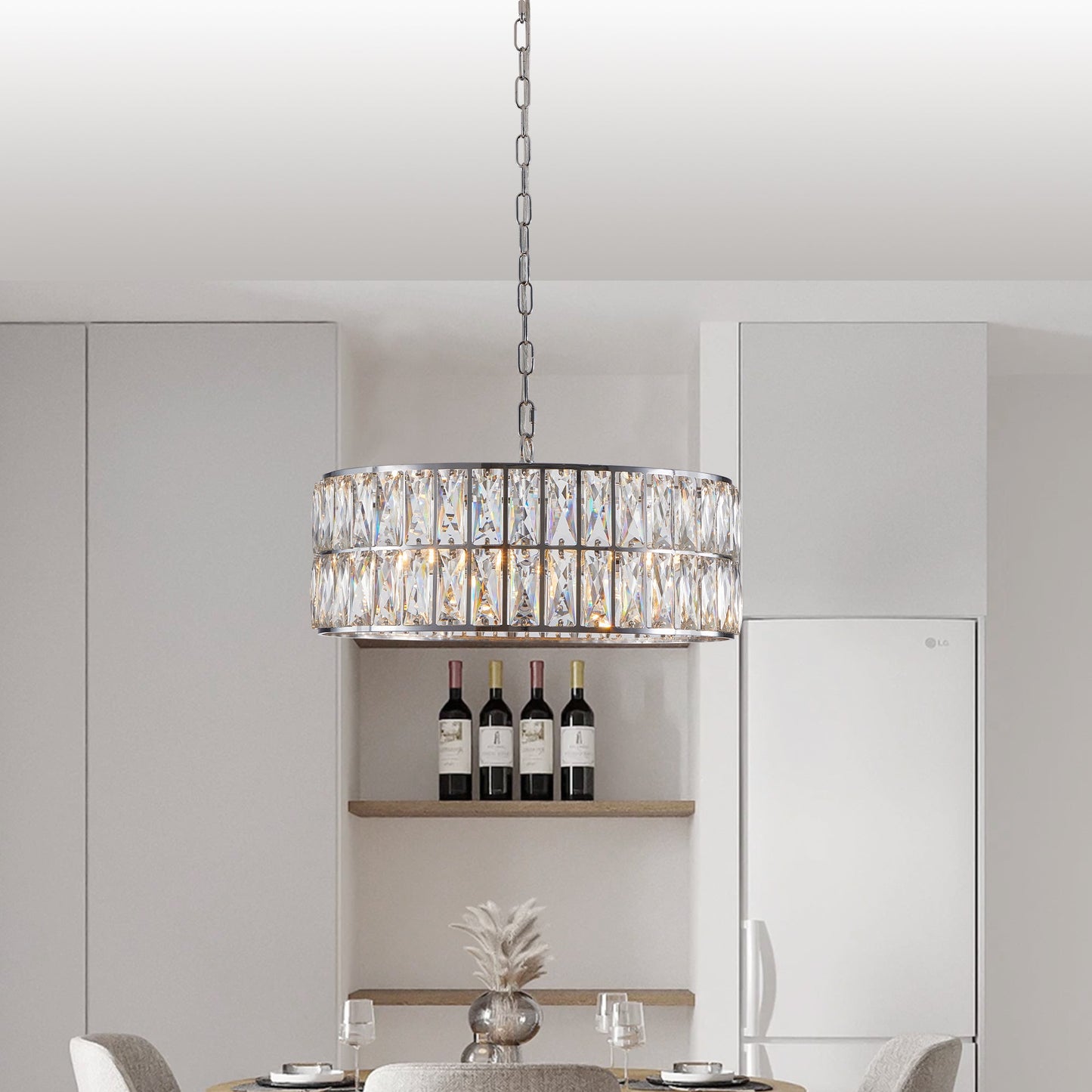 Modern crystal drum pendant light, 6-light pendant light, with silver metal frame (excluding light bulb) - Korvel