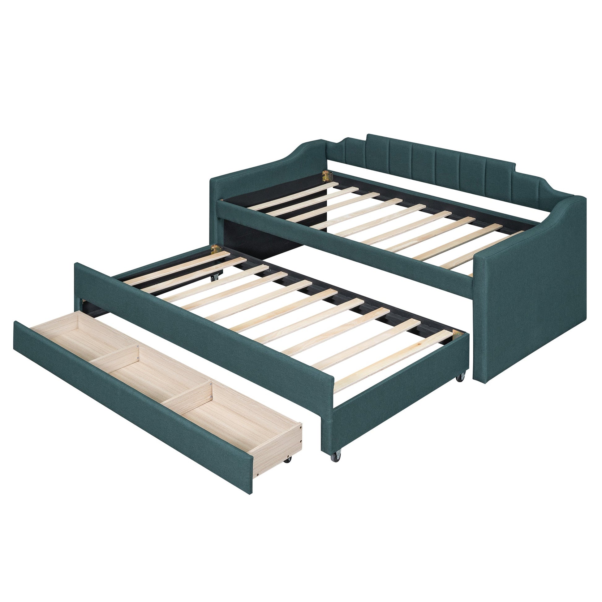 Twin Size Upholstered Daybed with Trundle and Three Drawers,Green - Korvel
