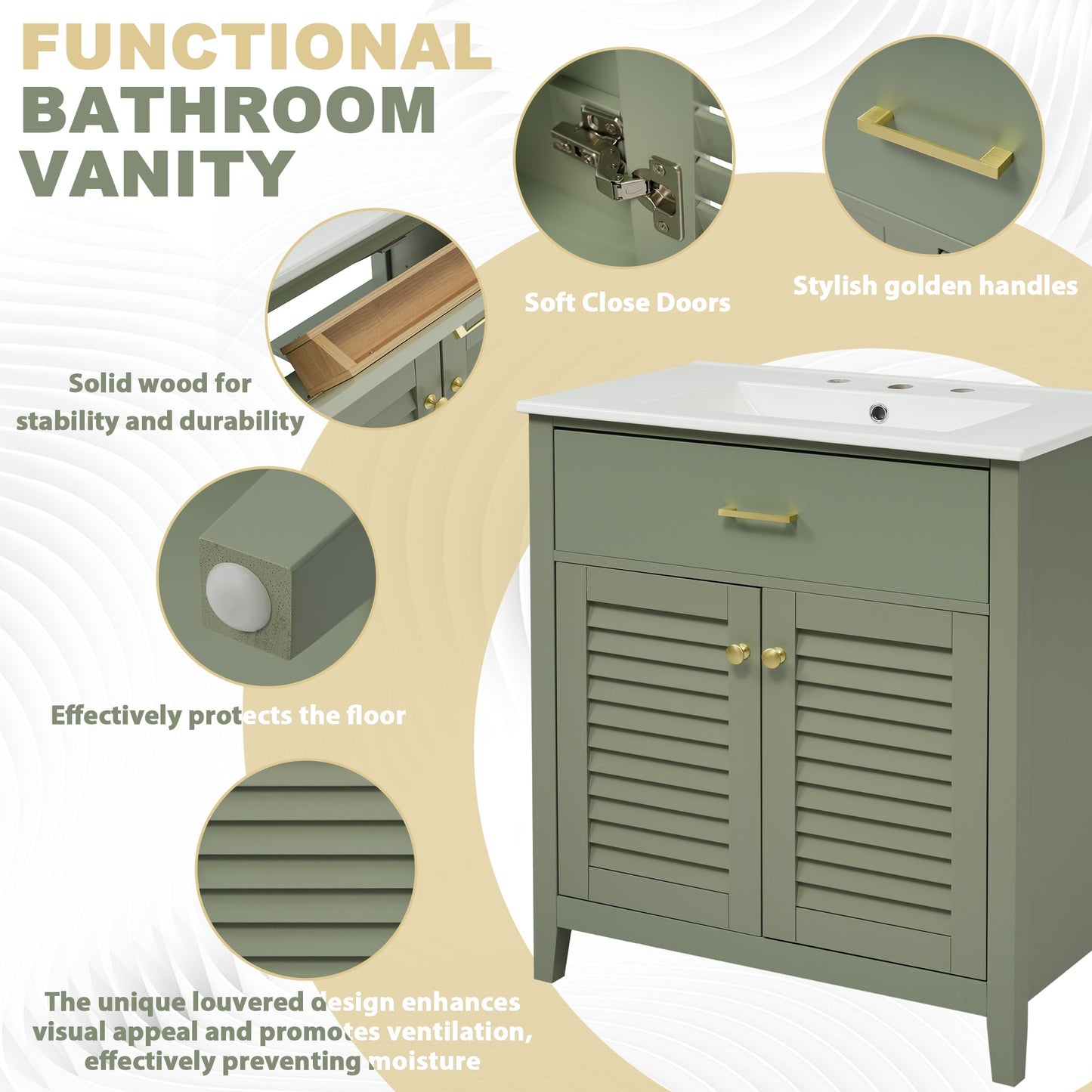 30-Inch Bathroom Vanity with Ceramic Sink Combination, Ample Storage - Features 1 Pullout and Multifunctional Shelf Dividers - Korvel