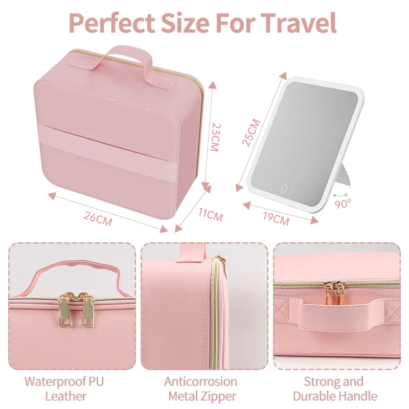Light Up Box Vanity Organizer Portable Makeup Bag Mirror With Led Light - Korvel