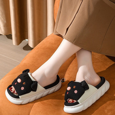 Piggy Cute Couple Open Toe Linen Cotton Linen Slippers - Korvel