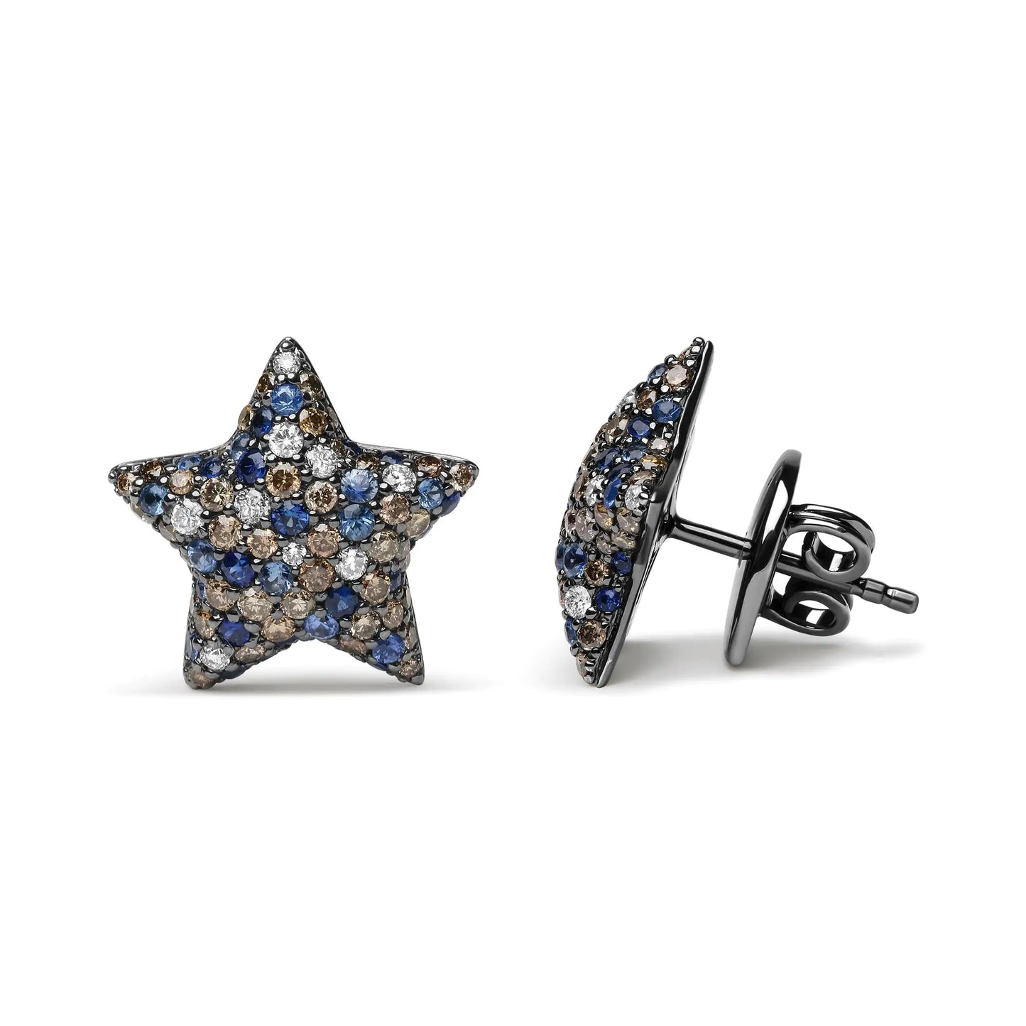 Boucles d'oreilles étoile en or blanc 18K plaqué rhodium noir avec diamants et saphirs bleus