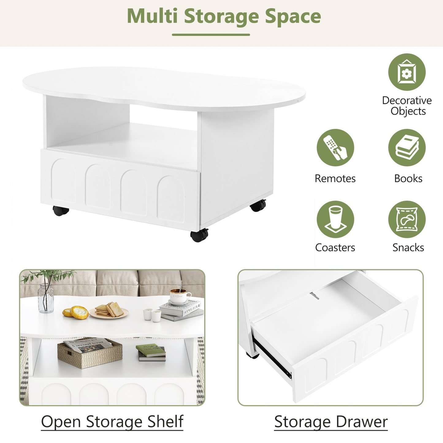 ON-TRANS flexible cream style coffee table with 2 brake wheels, drawers, large storage space, white, 39.37 '' x 23.6 '' - Korvel