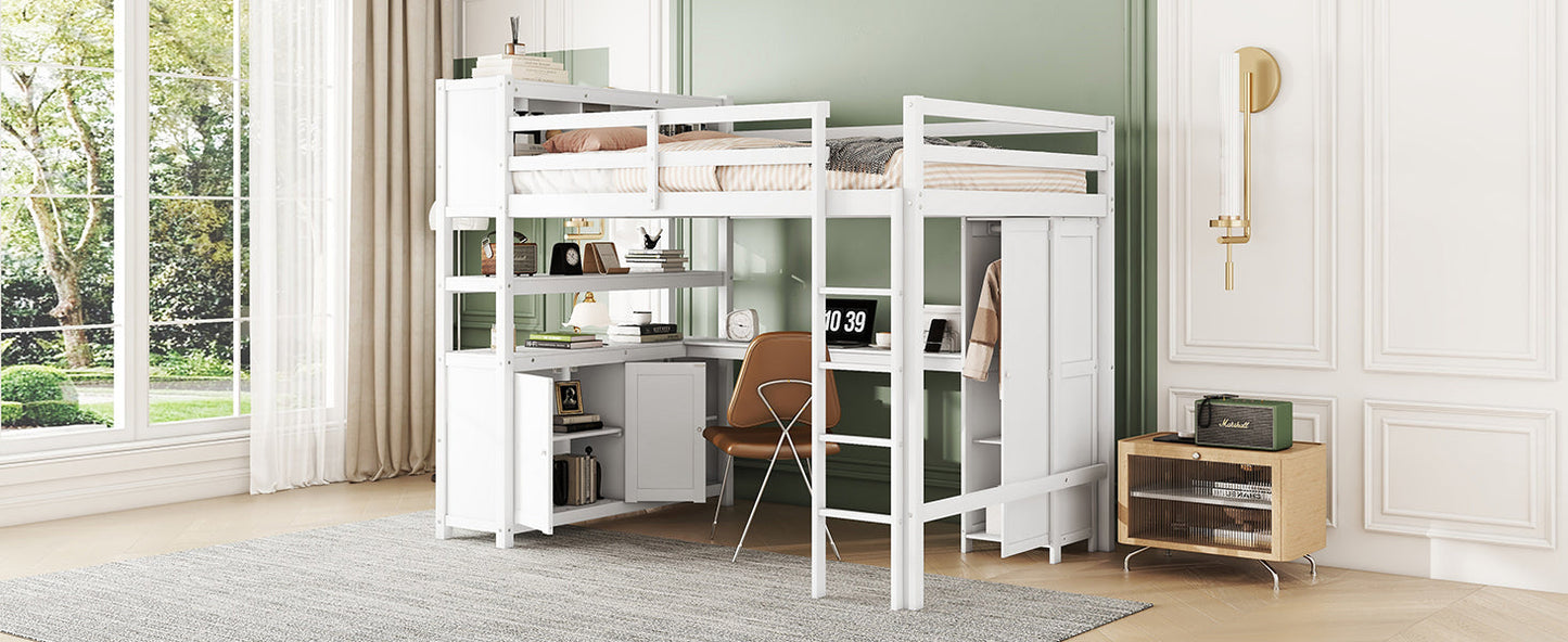 Wood Loft Bed with Cabinet and Bookshelf, Full Size Loft with Wardrobe and Desk for Kids,White - Korvel
