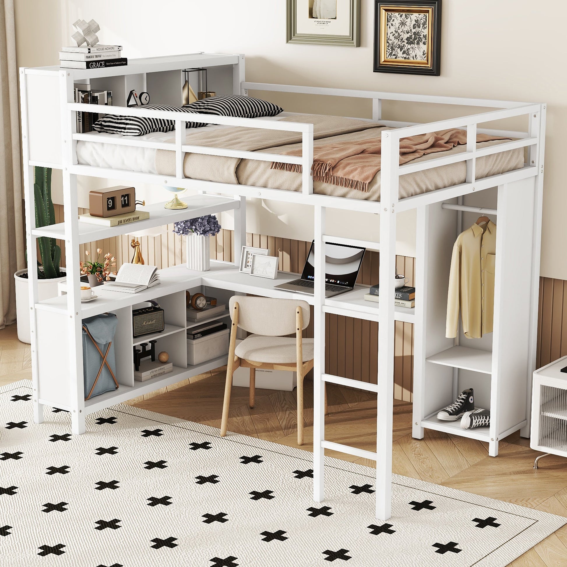 Metal loft bed with wardrobe and L-shaped desk, full-size loft bed with storage cabinet and shelf, white - Korvel