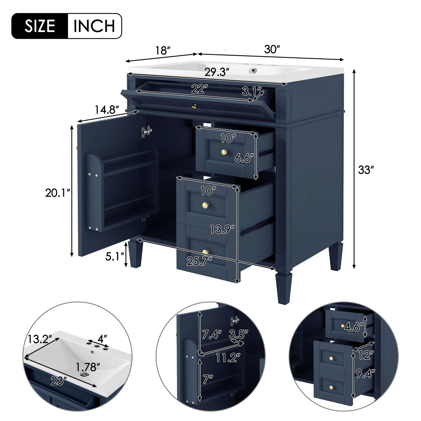 Meuble de salle de bain moderne de 30 pouces avec lavabo et rangement