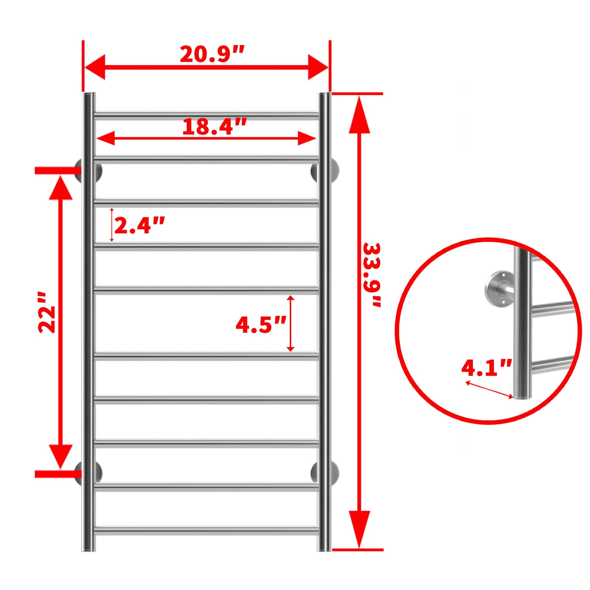 Electric Heated Towel Rack for Bathroom Wall Mounted Towel Warmer 10 Stainless Steel Bars Drying Rack - Korvel