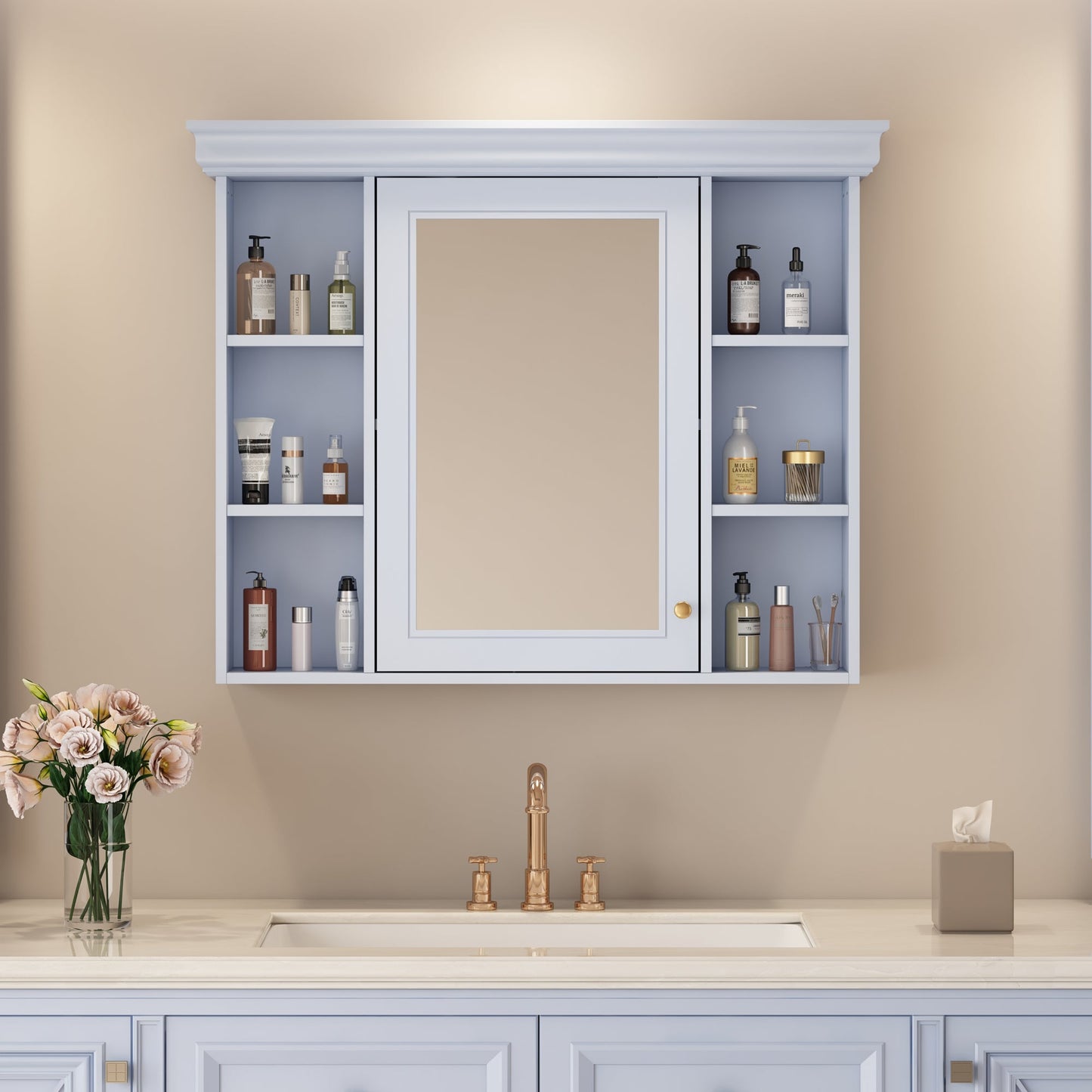 35'' x 28'' Blue Wall Mounted Bathroom Storage Cabinet with Mirror Door, Modern Bathroom Wall Cabinet with Mirror - Korvel