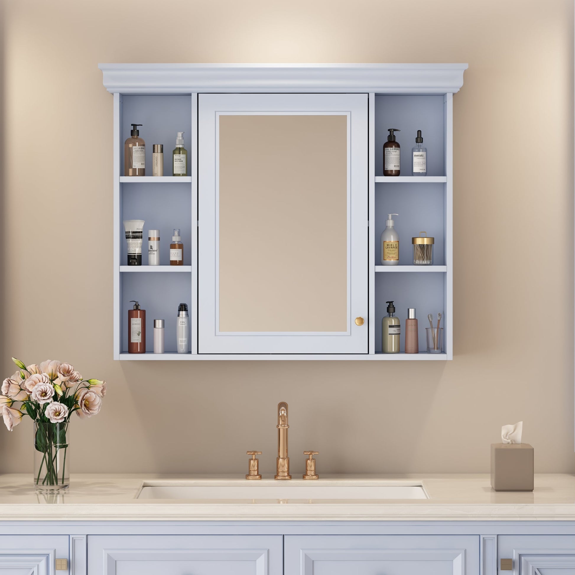 35'' x 28'' Blue Wall Mounted Bathroom Storage Cabinet with Mirror Door, Modern Bathroom Wall Cabinet with Mirror - Korvel