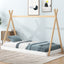 Twin Size Tent Floor Bed with Triangle Structure  White+Natural - Korvel