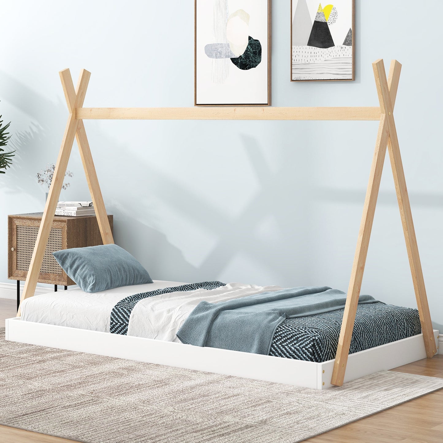 Twin Size Tent Floor Bed with Triangle Structure  White+Natural - Korvel