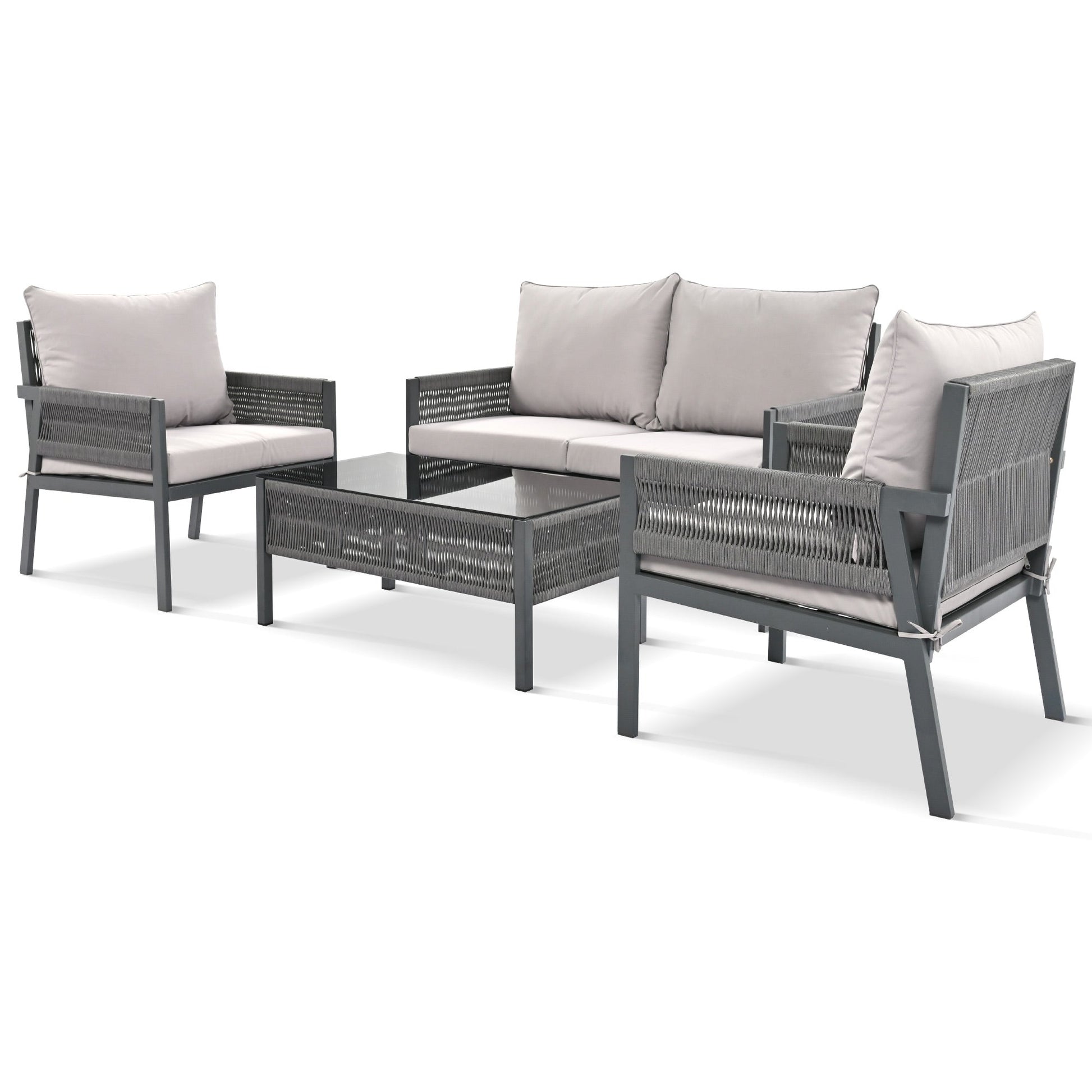 Outdoor Furniture with Tempered Glass Table Deep Seating with Thick Cushion for Backyard Porch Balcony (Grey) - Korvel