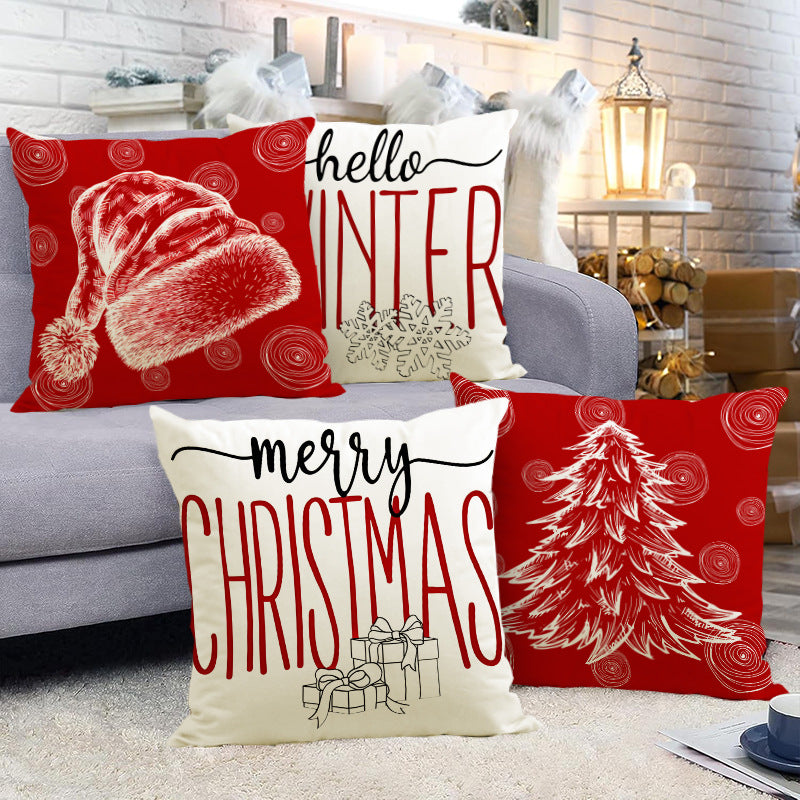 Christmas hat pillowcase linen Christmas tree letter print pillowcase holiday - Korvel