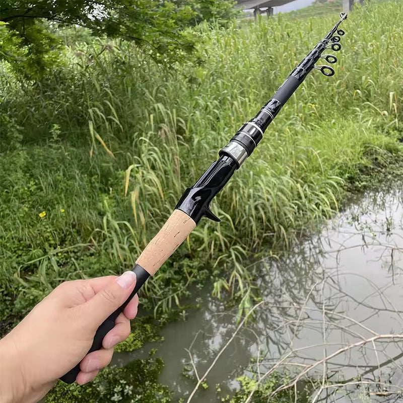 1.5 - 2.4M Telescopic Carbon Fishing Rod Rotary Baitcasting (8 - 25g) with Wooden Handle - Korvel