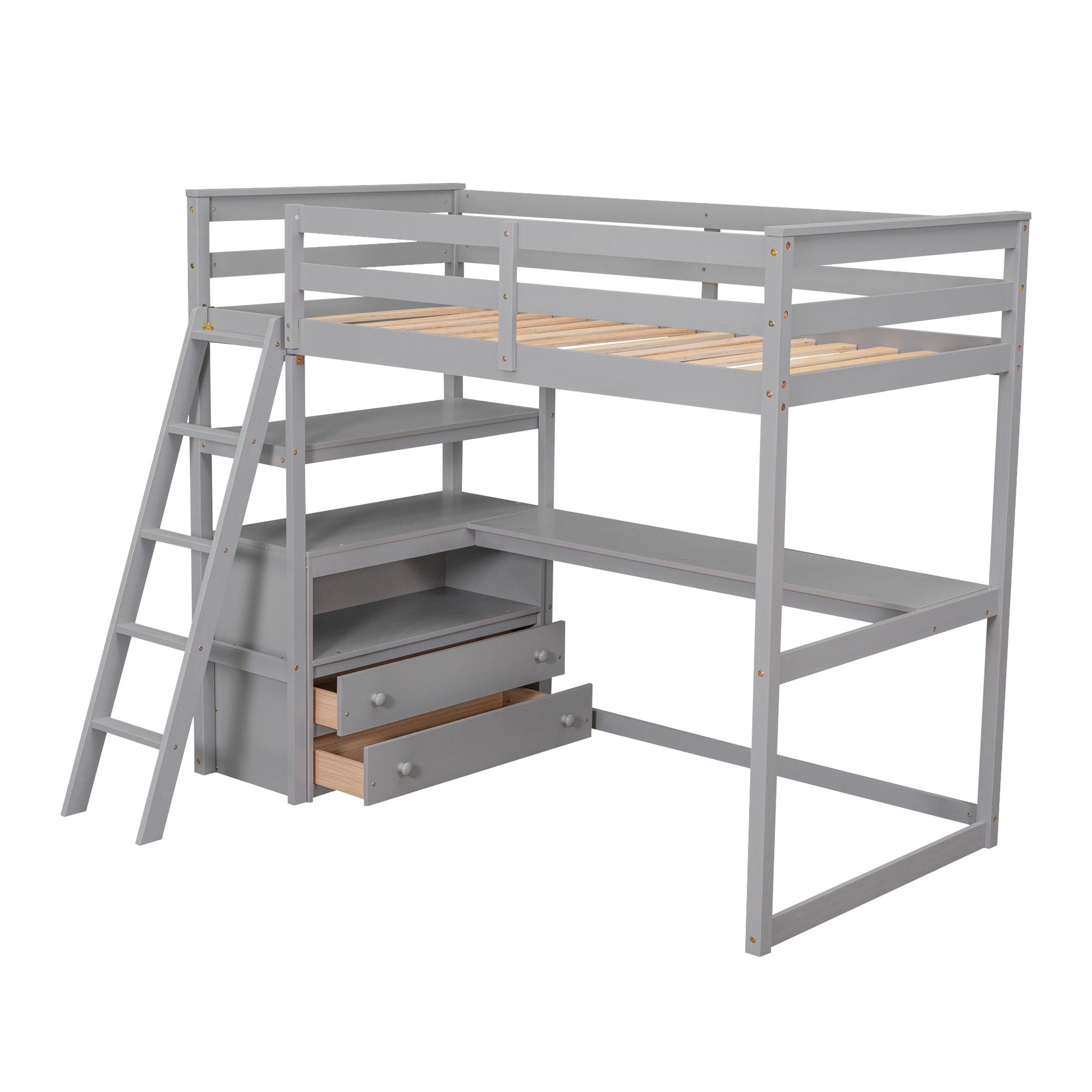 Twin Size Loft Bed with Desk and Shelves, Two Built-in Drawers, Gray - Korvel