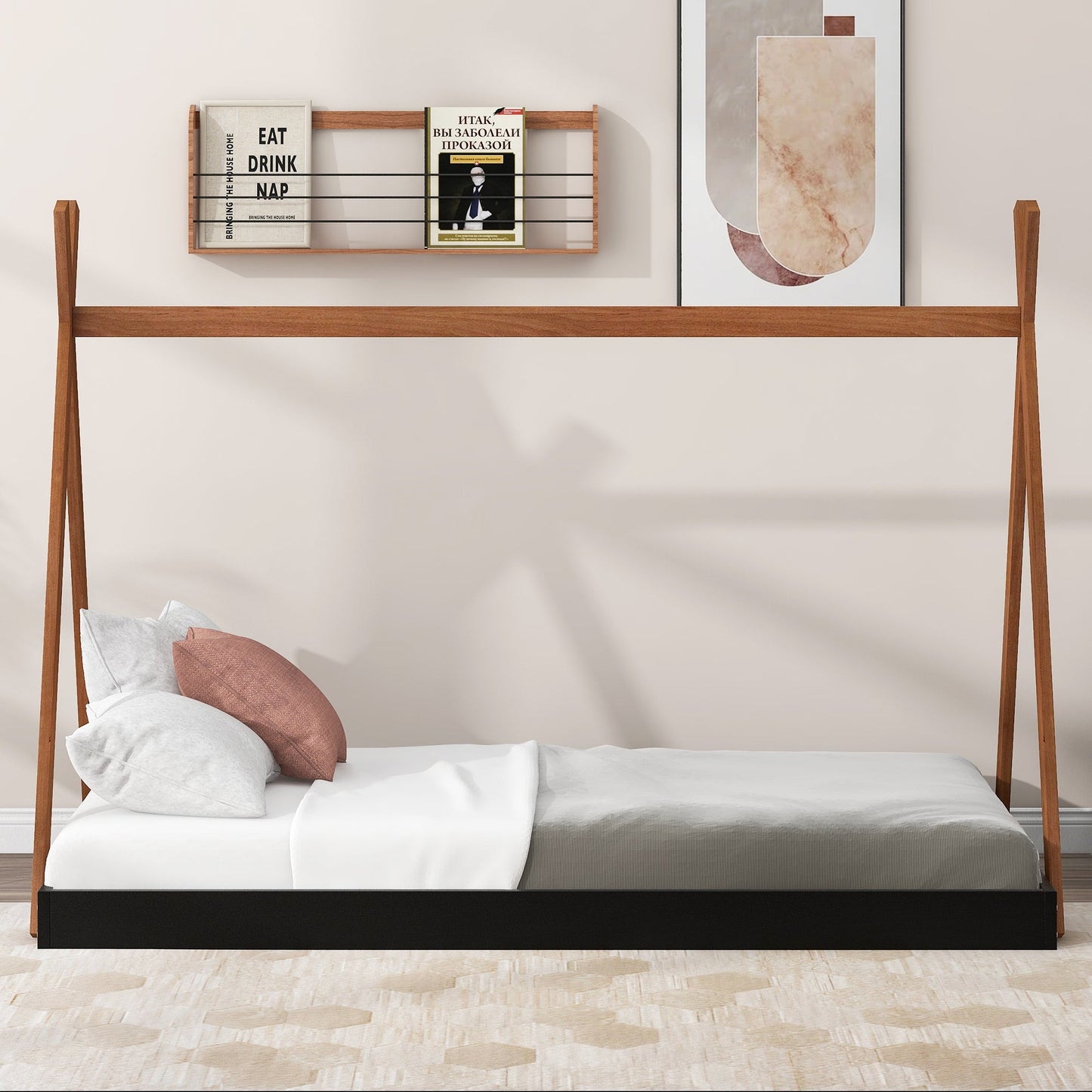 Twin Size Tent Floor Bed with Triangle Structure, Black+Brown - Korvel