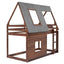 Wood Twin Size House Bunk Bed with Roof, Ladder and 2 Windows, Oak & Smoky Grey - Korvel