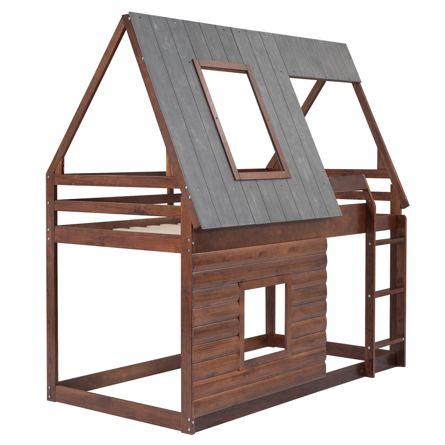 Wood Twin Size House Bunk Bed with Roof, Ladder and 2 Windows, Oak & Smoky Grey - Korvel